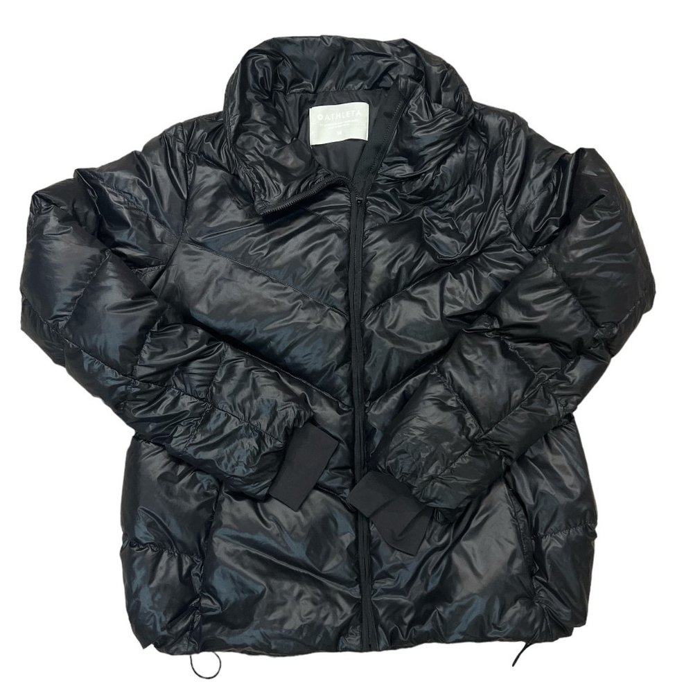 Athleta Puffer Jacket Coat Womens Size Med Goose Down Black Full Zip Adj Waist